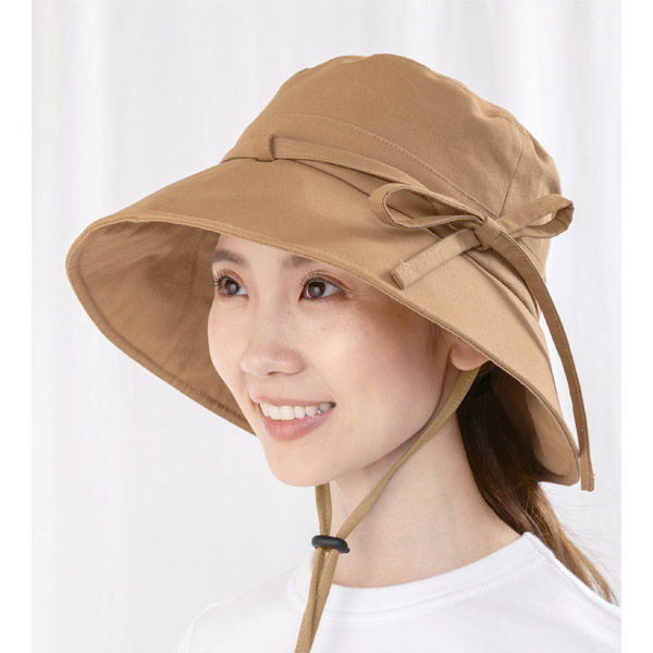 自転車用ヘルメット付きUVつば広リボンハット　ベージュ